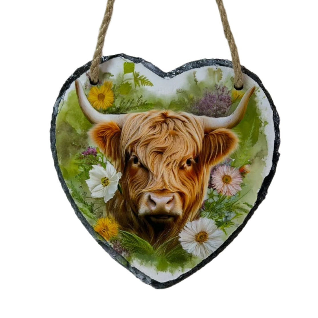 Highland Cow with Flowers Heart Slate – Scottish Souvenir Wall Art Gift
