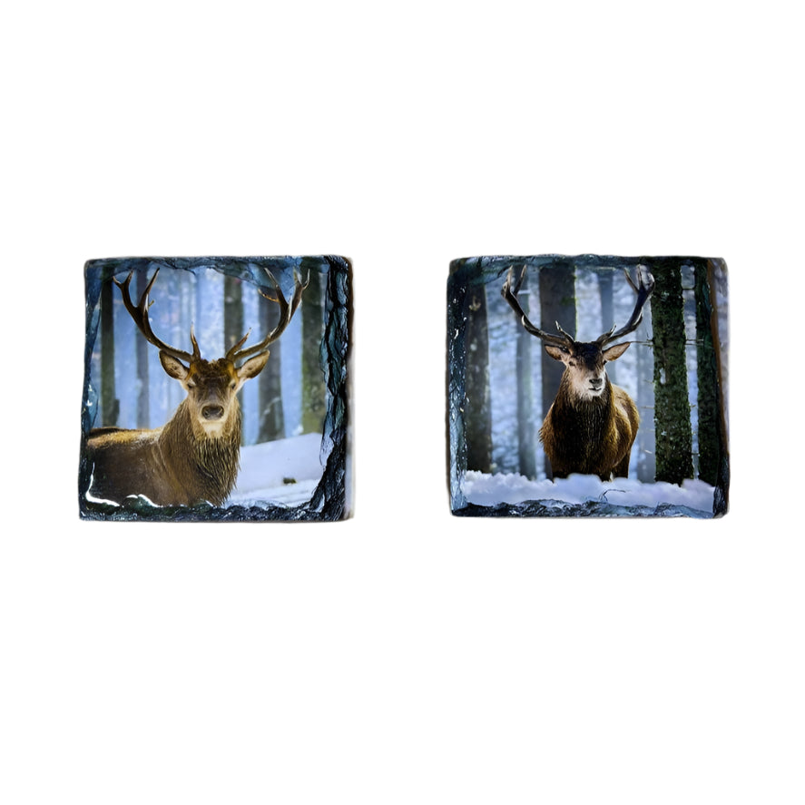 Stags in Winter Scene Slate Coaster Set – Scottish Highlands Souvenir Gift