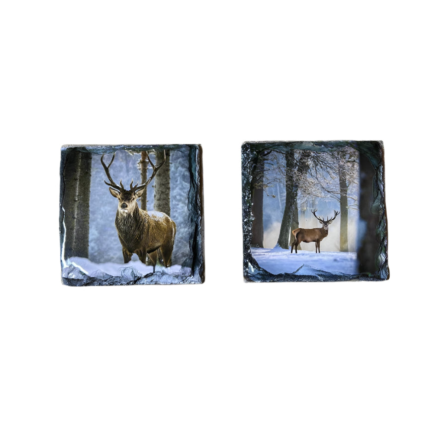 Stags in Winter Scene Slate Coaster Set – Scottish Highlands Souvenir Gift