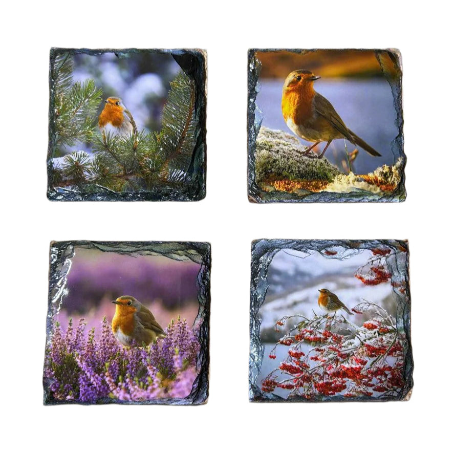Highland Robins Slate Coaster Set – Scottish Highlands Souvenir Gift Idea