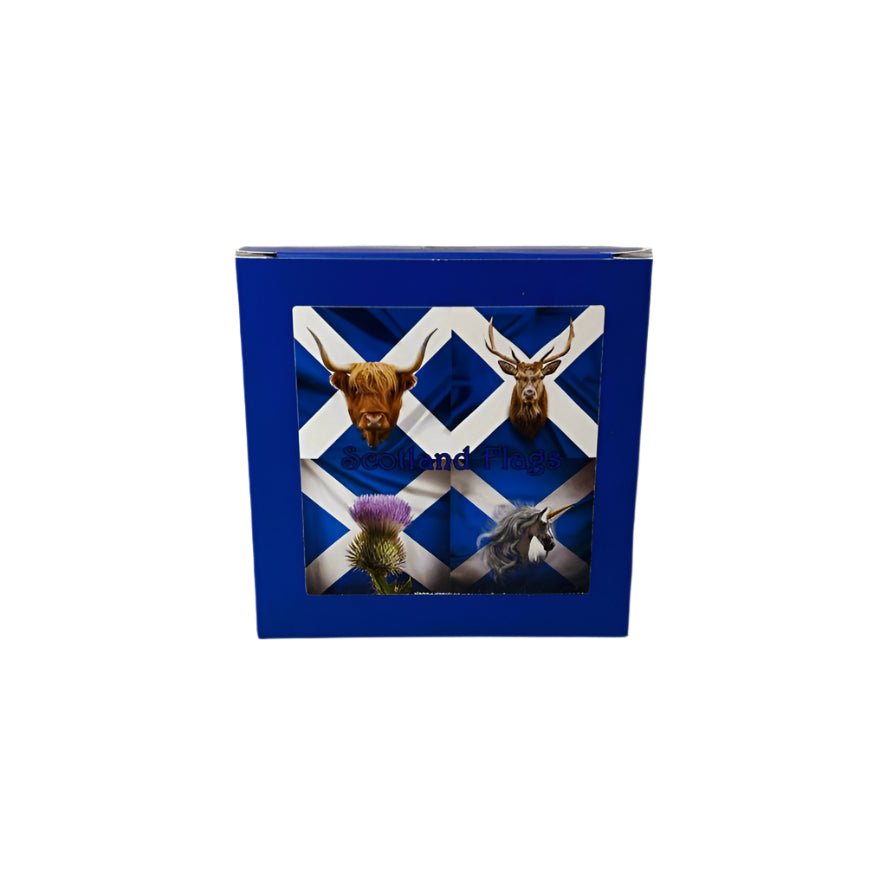 Scottish Saltire Slate Coaster Set – Unicorn, Thistle, Highland Cow & Stag