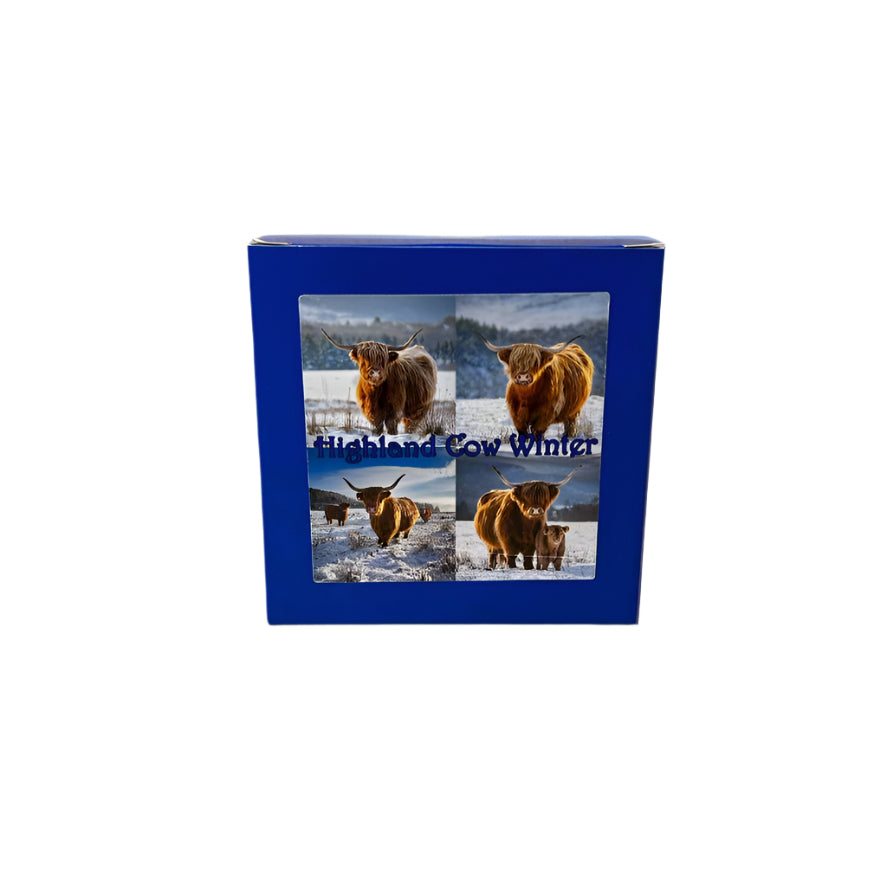 Highland Cows in Winter Scene Slate Coaster Set – Scottish Souvenir Gift