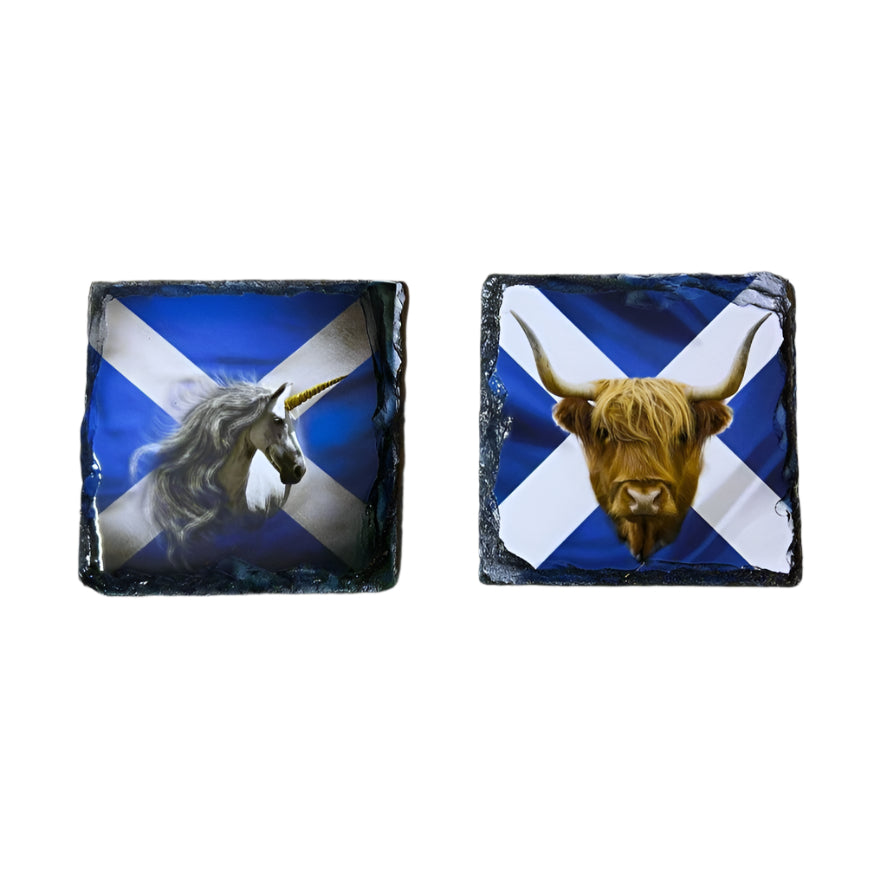 Scottish Saltire Slate Coaster Set – Unicorn, Thistle, Highland Cow & Stag