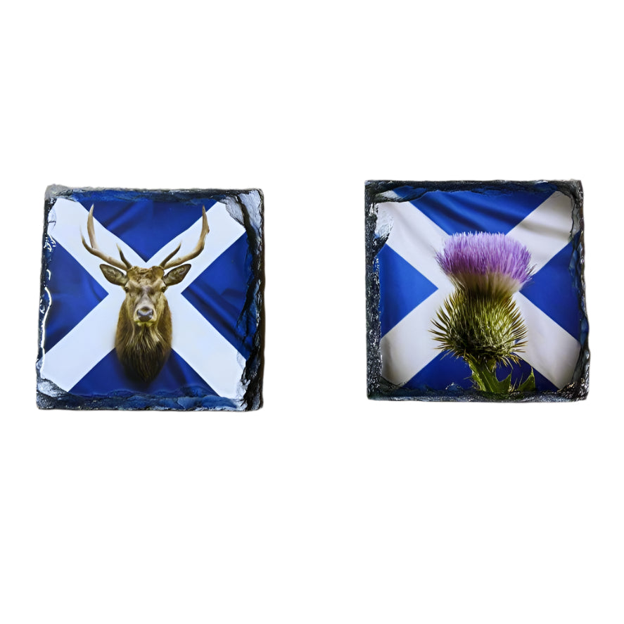 Scottish Saltire Slate Coaster Set – Unicorn, Thistle, Highland Cow & Stag