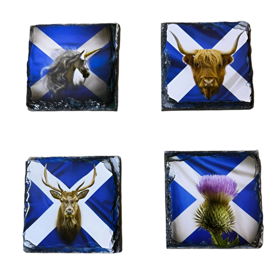 Scottish Saltire Slate Coaster Set – Unicorn, Thistle, Highland Cow & Stag