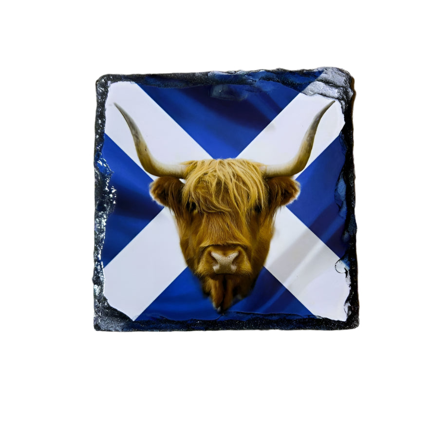 Scottish Saltire Slate Coaster Set – Unicorn, Thistle, Highland Cow & Stag