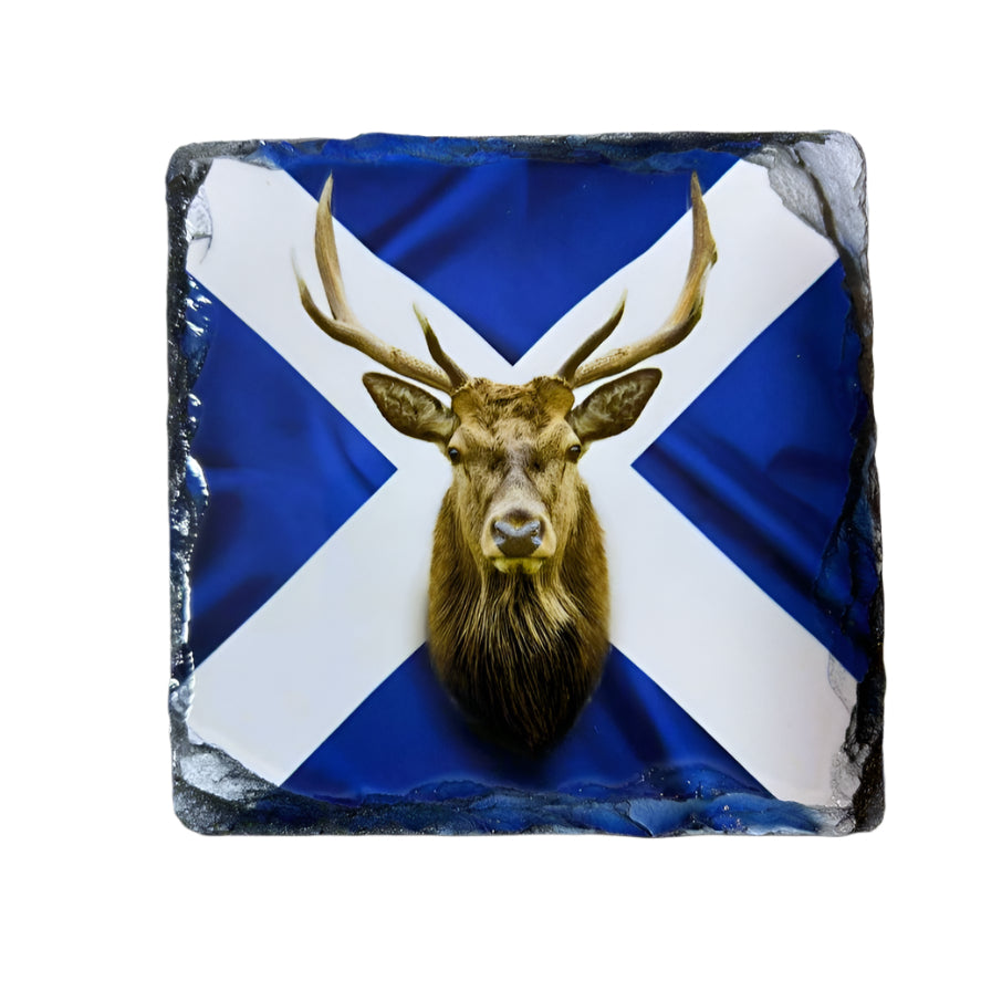 Scottish Saltire Slate Coaster Set – Unicorn, Thistle, Highland Cow & Stag