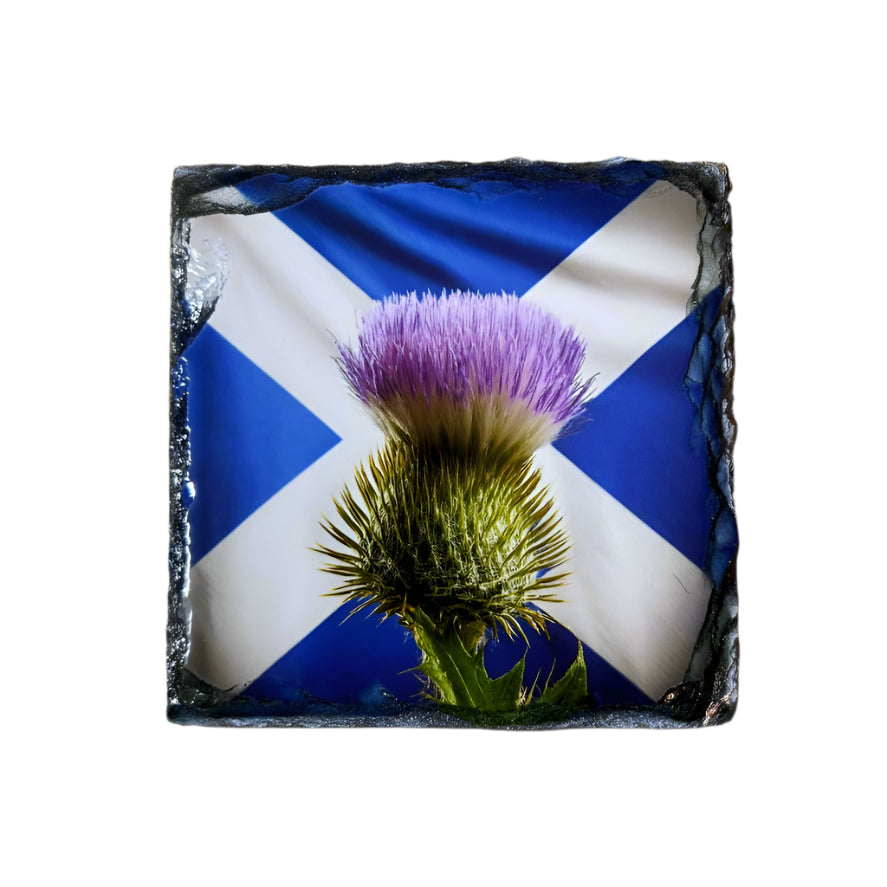 Scottish Saltire Slate Coaster Set – Unicorn, Thistle, Highland Cow & Stag