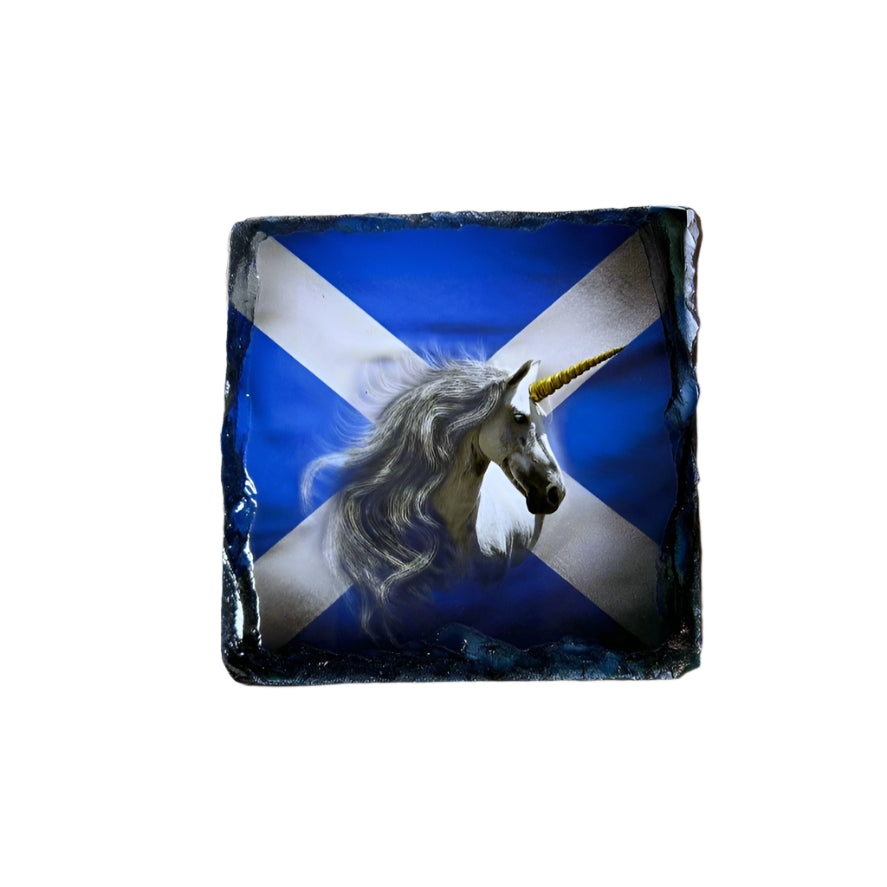 Scottish Saltire Slate Coaster Set – Unicorn, Thistle, Highland Cow & Stag