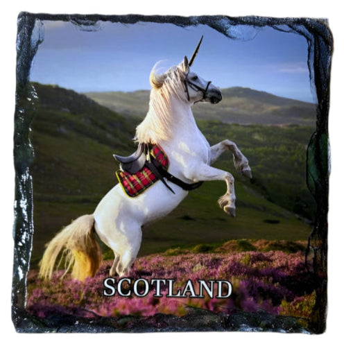 Slate coaster with a unicorn design and 'Scotland' text on a gray background