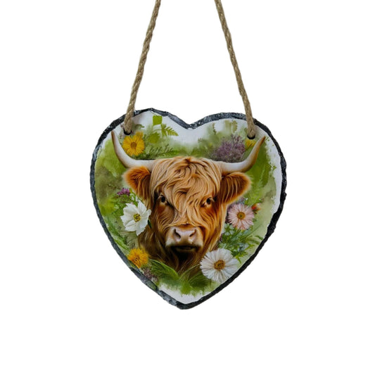 Highland Cow with Flowers Heart Slate – Scottish Souvenir Wall Art Gift