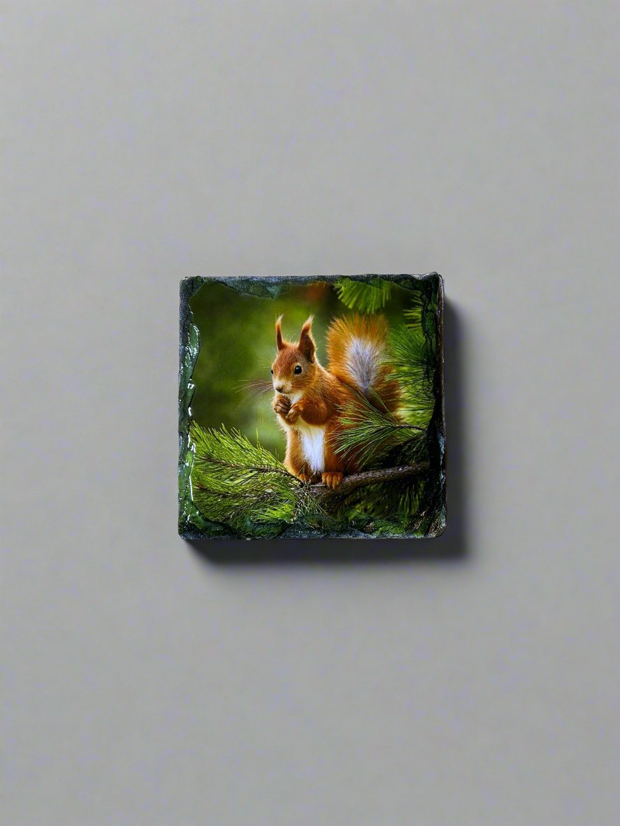 Scottish Red Squirrel Stone Slate Coaster Set. Red Squirrel Images Printed on Natural Slate.