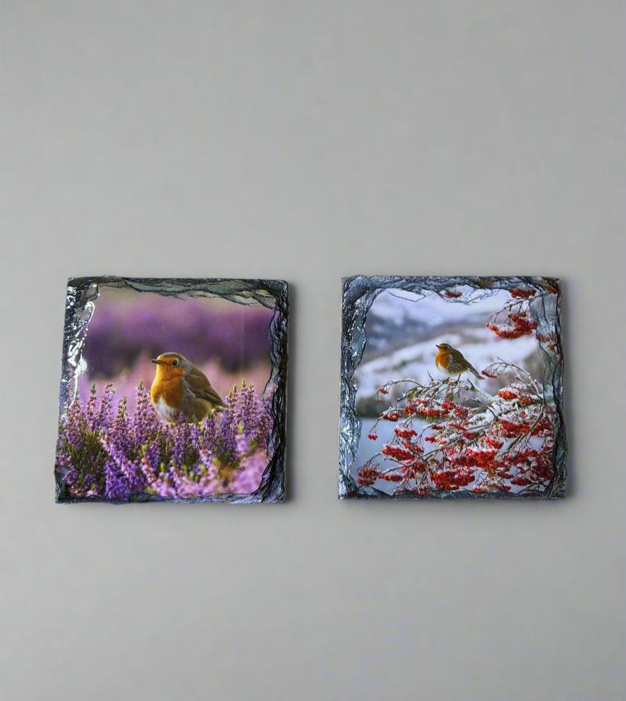 Highland Robins Stone Slate Coaster Set. Beautiful Robin Images Printed on Slate.