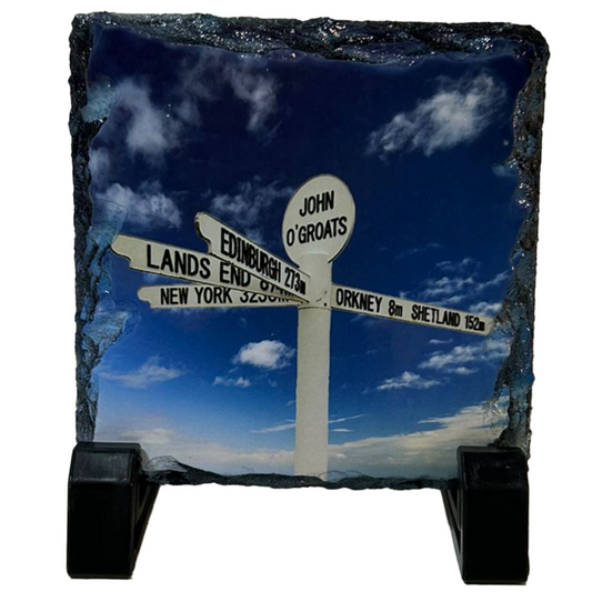 Decorative slate with a signpost design featuring famous locations against a blue sky.