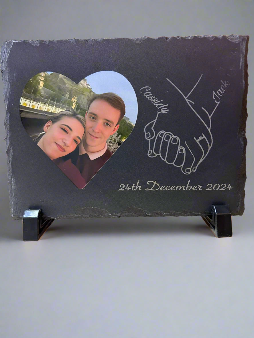 Personalised Photo Slate With Laser Engraving. Rectangle Slate with a Love Heart Image.