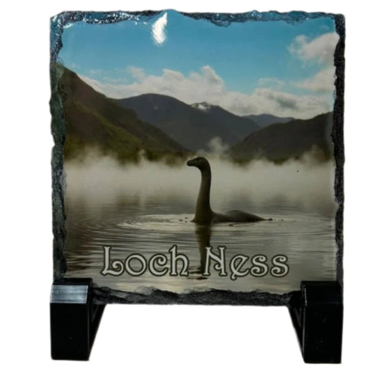 Slate with Loch Ness monster design on a white background