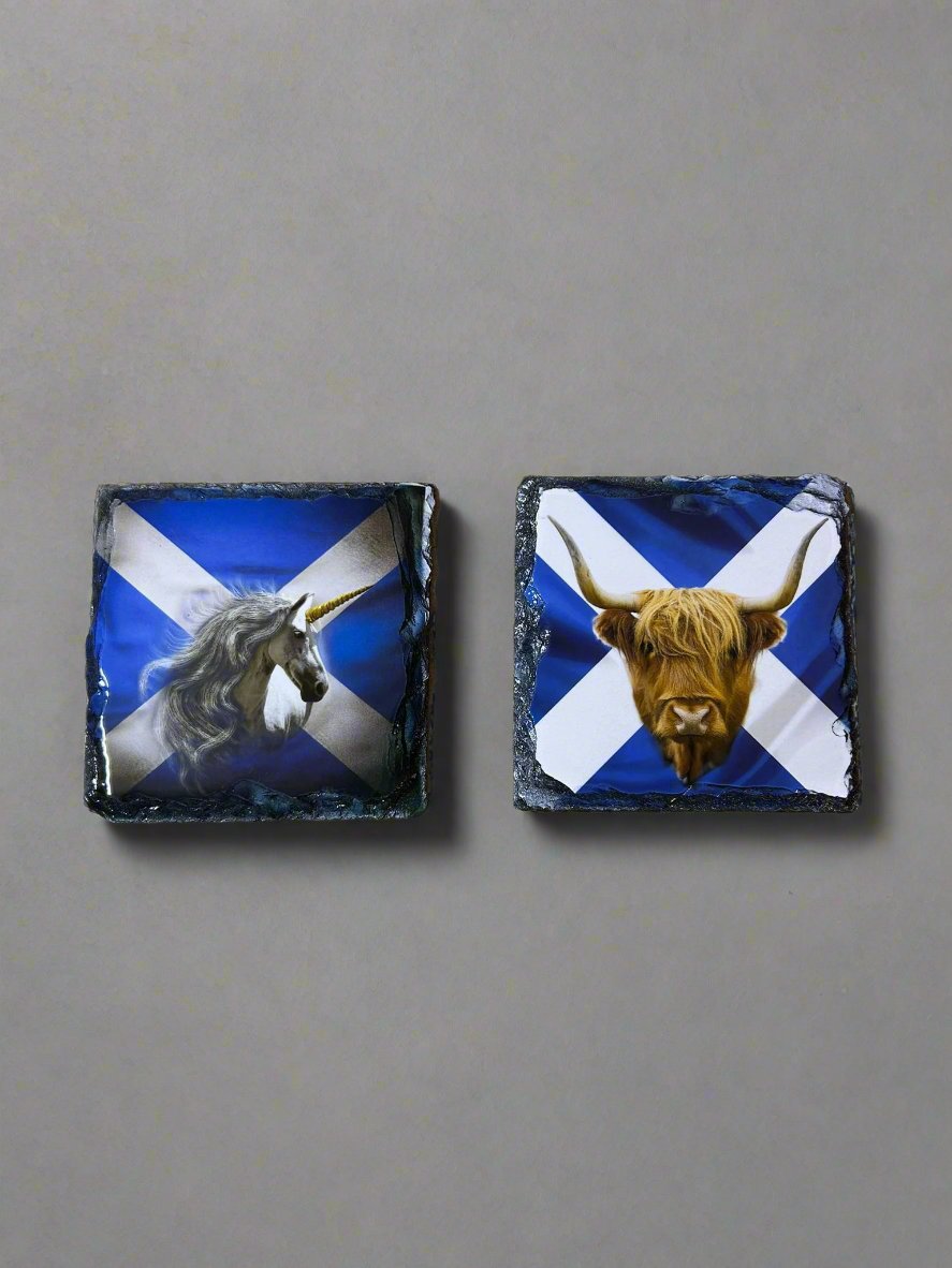 Scottish Flag With Animals Slate Coasters. Bright and Vibrant set of Four.