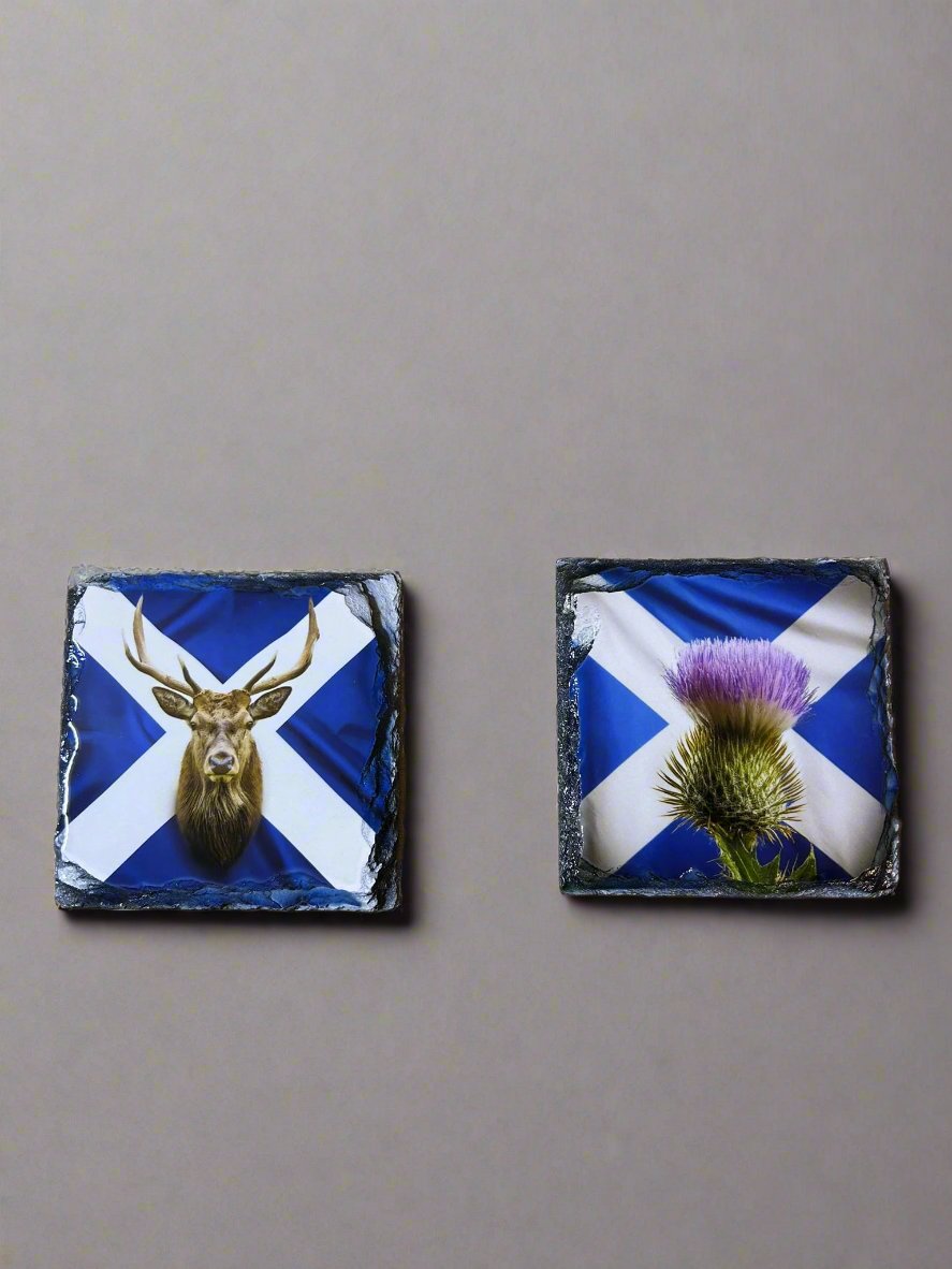 Scottish Flag With Animals Slate Coasters. Bright and Vibrant set of Four.