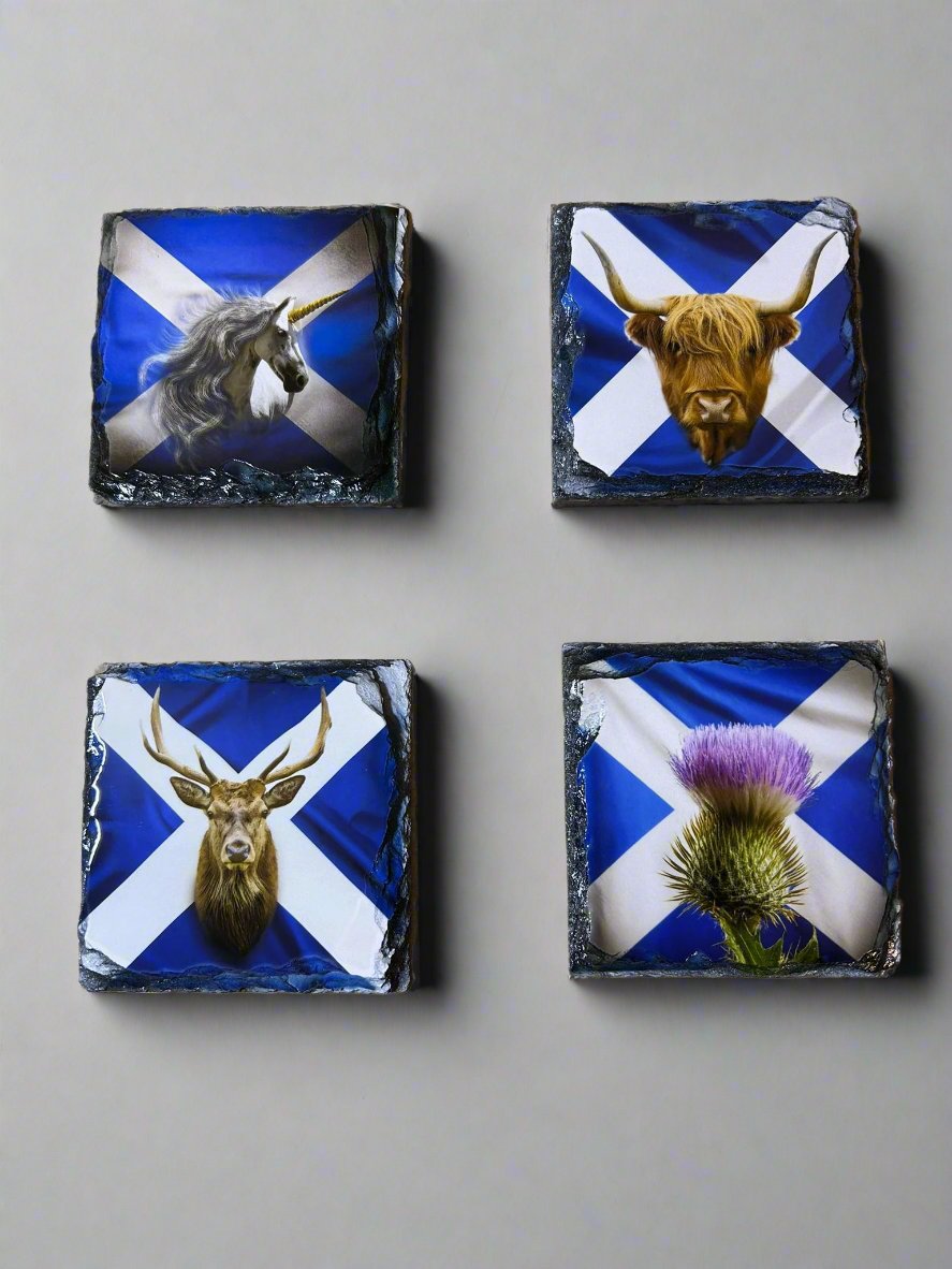 Scottish Flag With Animals Slate Coasters. Bright and Vibrant set of Four.