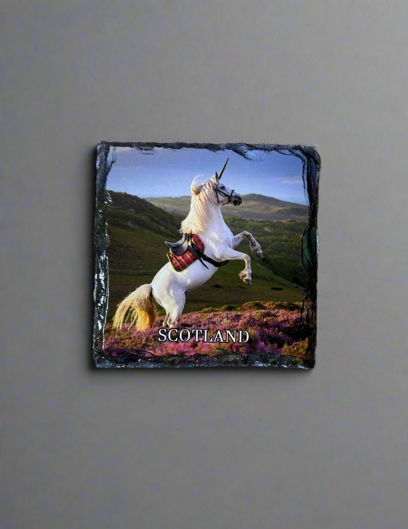 Scottish Unicorn Slate Coaster. Beautiful Image of The legendary Animal.