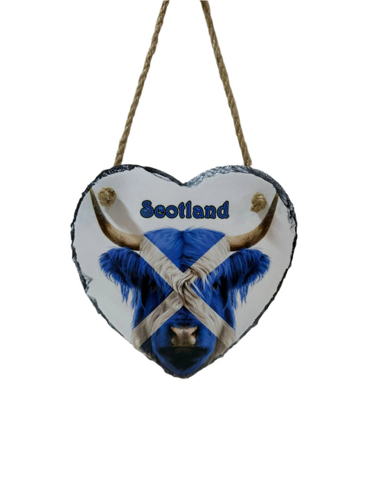 Highland Cow Saltire Heart Slate – Scottish Flag Souvenir Wall Art Gift