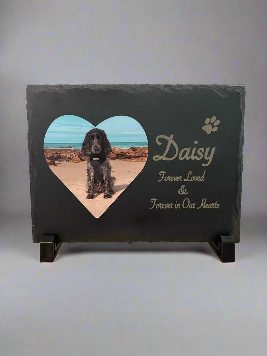 Personalised Photo Slate With Laser Engraving. Rectangle Slate with a Love Heart Image.