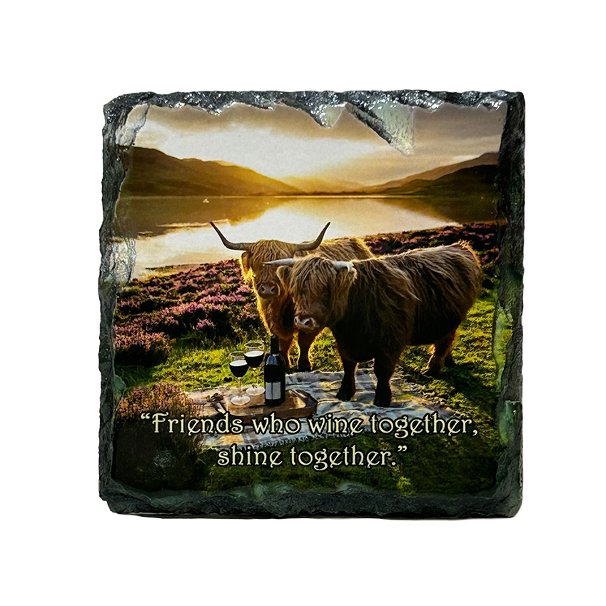 Slate Coaster Highland Cow Wine  – "Friends Who Wine Together, Shine Together"